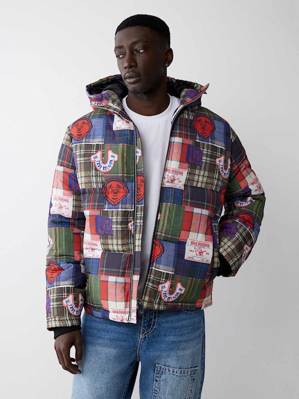 True Religion Plaid Patchwork Puffer Jacket Serape Print Size M - Picture 1 of 8
